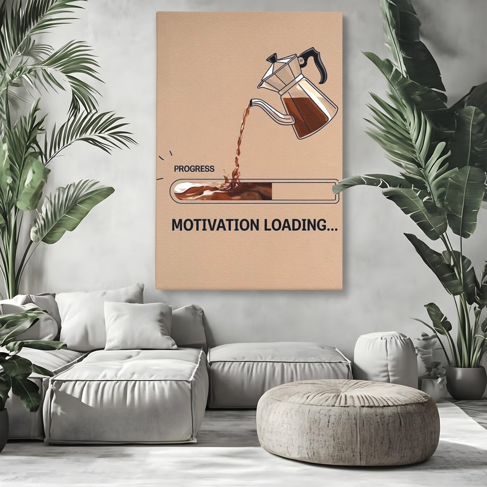 Tablou canvas cu tablou canvas cu ibric de cafea si bara de progres, fara rama, pe sasiu de lemn, pe perete intr-un living